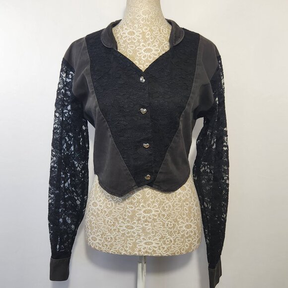 Banjo Dallas TX Women's Size Small Black Denim & Lace Long Sleeve Crop Top Goth - Picture 1 of 16